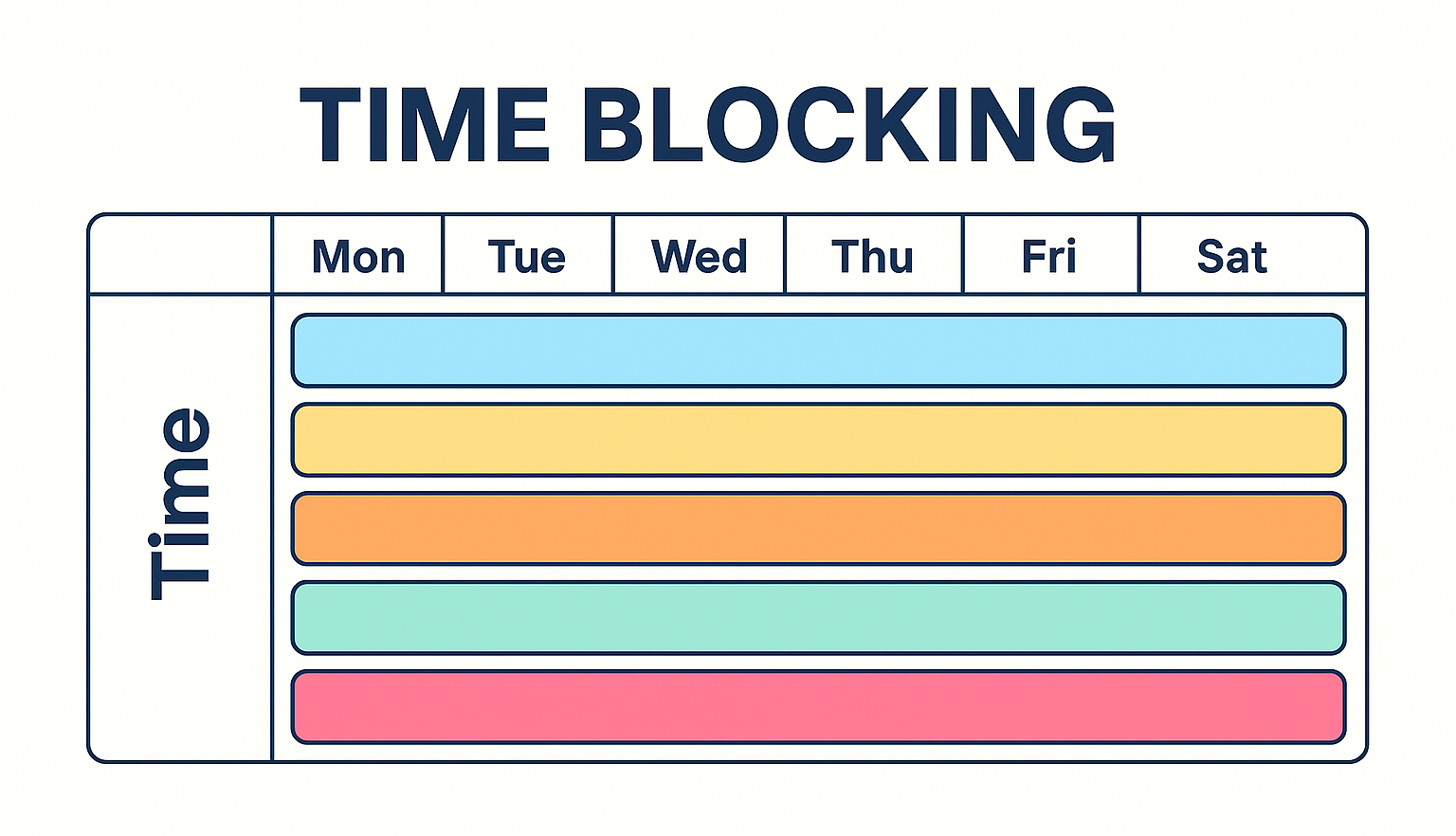 Weekly time-blocking schedule with a grid layout showing time slots on the left and days of the week across the top. Colored blocks (light blue, green, orange, and red) fill the grid, representing different activities scheduled from Monday to Saturday. The title “TIME BLOCKING” appears at the top in bold capital letters.